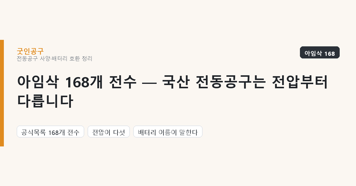 아임삭 168개 전수 — 국산 전동공구는 전압부터 다릅니다