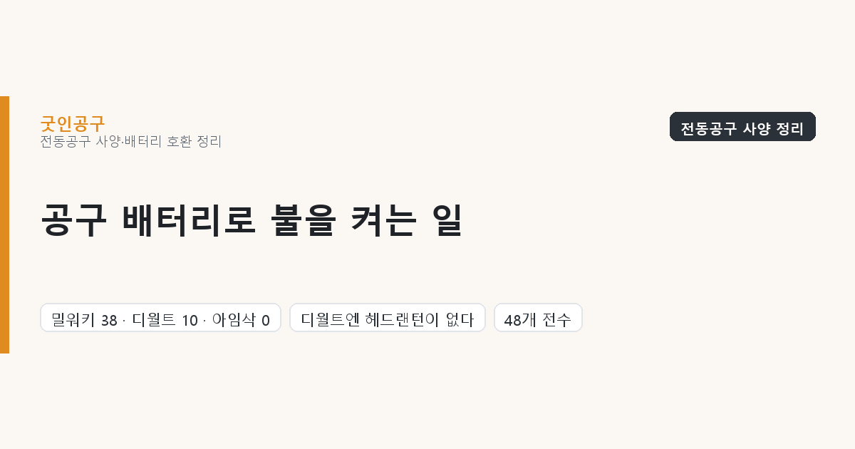 공구 배터리로 불을 켜는 일 — 밀워키 38개, 디월트 10개, 아임삭 0개